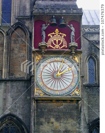 United Kingdom, England, Somerset, Wells Cathedral, Astronomical Clock, dial and quarters outside of north transept 107476379