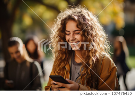 Smiling Girls Enjoying a Fun Video on Smartphone at School Campus.. created with Generative AI 107476430