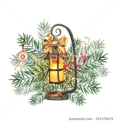 Watercolor Christmas card with lantern, berries, bow and fir branches. Hand painted holiday composition isolated on white background. Illustration for design, print, fabric or background. Watercolor Christmas card with lantern, berries, bow and fir branches. Hand painted holiday composition isolated on white background. Illustration for design, print, fabric or background. 107476670