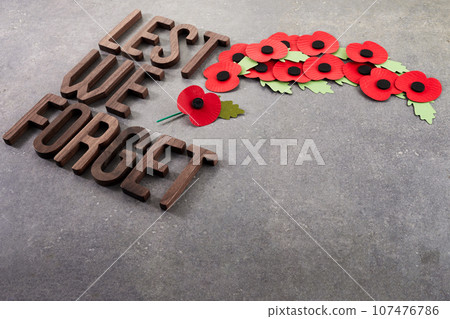 World War remembrance day. Red poppies on dark stone background. Lest we forget 107476786