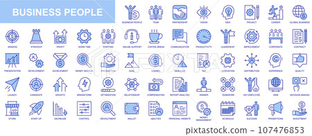 Business people web icons set in blue line design. Pack of team, partnership, vision, idea, project, career, mission, report, profit, work time, online support, other. Vector outline stroke pictograms Business people web icons set in blue line design. Pack of team, partnership, vision, idea, project, career, mission, report, profit, work time, online support, other. Vector outline stroke pictograms 107476853