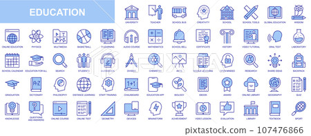 Education web icons set in blue line design. Pack of teacher, school, creativity, wisdom, online library, e-learning, audio course, certificate, video tutorial, other. Vector outline stroke pictograms 107476866