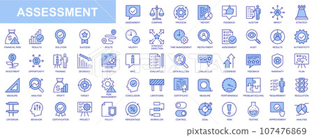 Assessment web icons set in blue line design. Pack of process, report, feedback, auditor, solution, strategy, time management, decrease, result, data analysis, other. Vector outline stroke pictograms 107476869