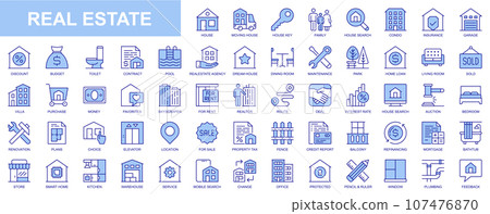 Real estate web icons set in blue line design. Pack of house, moving home, key, insurance, garage, budget, contract, realtor agency, mortgage, loan, property, other. Vector outline stroke pictograms Real estate web icons set in blue line design. Pack of house, moving home, key, insurance, garage, budget, contract, realtor agency, mortgage, loan, property, other. Vector outline stroke pictograms 107476870