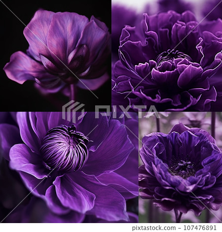 Purple color. Collage of different purple violet lilac lovely flowers. Beautiful floral background, natural wallpaper Purple color. Collage of different purple violet lilac lovely flowers. Beautiful floral background, natural wallpaper 107476891