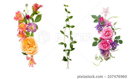 Collage of bouquets of different flowers and roses and green Collage of bouquets of different flowers and roses and green 107476960