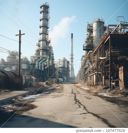 Industrial background, factory with pipes, buildings and towers, metal structures, warehouses, factory wallpaper 107477029