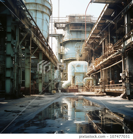 Industrial background, factory with pipes, buildings and towers, metal structures, warehouses, factory wallpaper 107477031