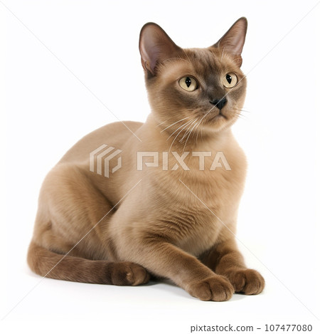 Cute Burmese breed cat portrait close-up isolated on white, lovely pet, blue eyes Cute Burmese breed cat portrait close-up isolated on white, lovely pet, blue eyes 107477080