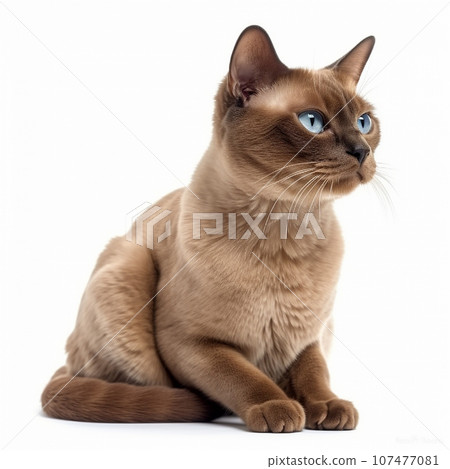 Cute Burmese breed cat portrait close-up isolated on white, lovely pet, blue eyes 107477081