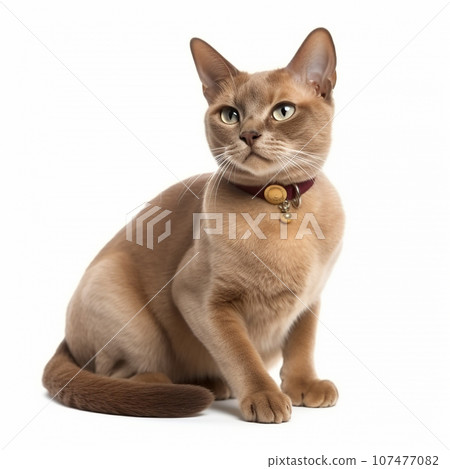 Cute Burmese breed cat portrait close-up isolated on white, lovely pet, blue eyes 107477082