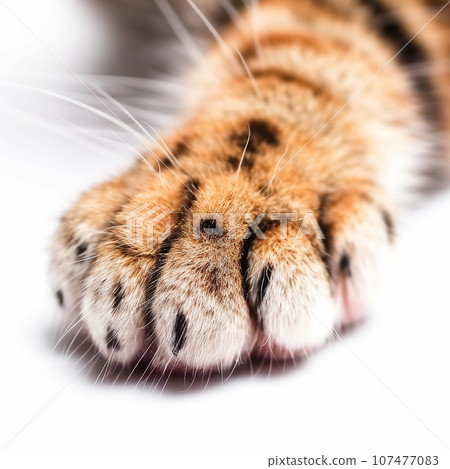 Red tiger cat paw on a white background close-up. Feline predator paw Red tiger cat paw on a white background close-up. Feline predator paw 107477083