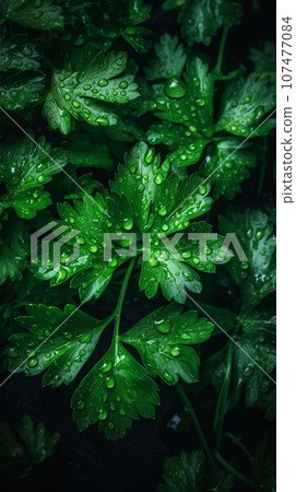 Parsley leaves with water droplets close-up, food background, aromatic herbs in salad, healthy greens food Parsley leaves with water droplets close-up, food background, aromatic herbs in salad, healthy greens food 107477084