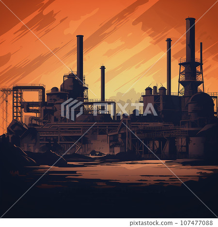 Industrial background, factory with pipes, buildings and towers against sunset background, backlighting, illustration Industrial background, factory with pipes, buildings and towers against sunset background, backlighting, illustration 107477088