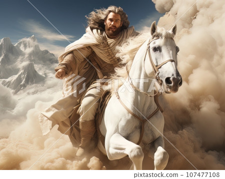 God rides on white horse through the clouds in heaven. AI 107477108
