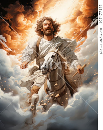 God rides on white horse through the clouds in heaven. AI 107477125