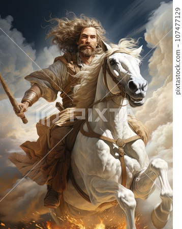 God rides on white horse through the clouds in heaven. AI 107477129