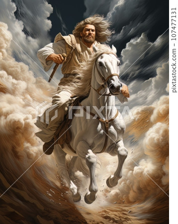 God rides on white horse through the clouds in heaven. AI 107477131