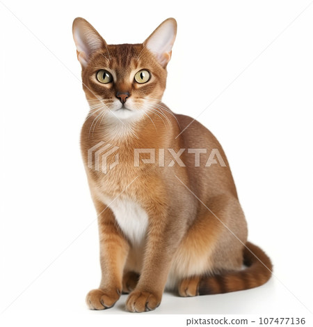 Cute Abyssinian breed cat portrait close-up isolated on white, lovely pet 107477136