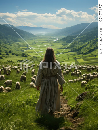 Jesus Christ herding sheep on green meadow back in the frame. AI 107477177