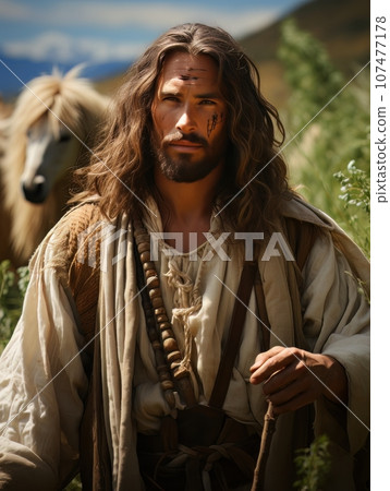 Jesus Christ herding sheep on green meadow in the mountains. AI 107477178