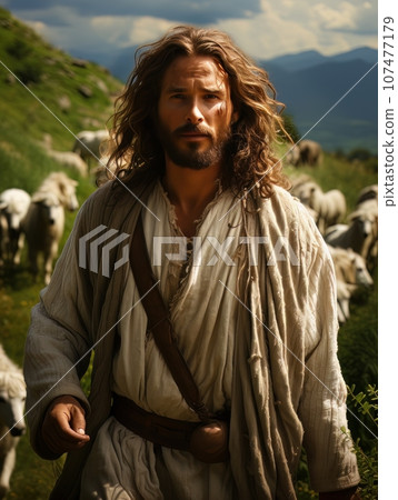 Jesus Christ herding sheep on green meadow in the mountains. AI Jesus Christ herding sheep on green meadow in the mountains. AI 107477179