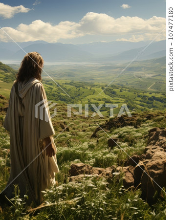 Jesus Christ herding sheep on green meadow back in the frame. AI 107477180