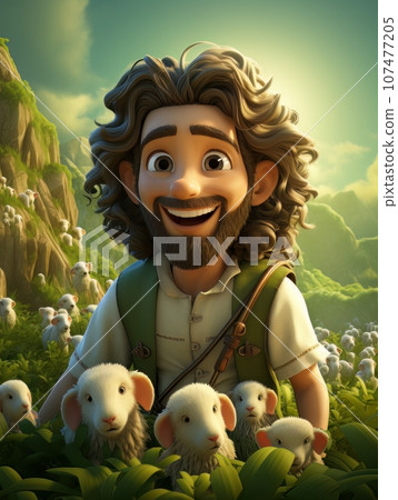 Cartoon Jesus Christ herding sheep on green meadow in the mountains. AI 107477205