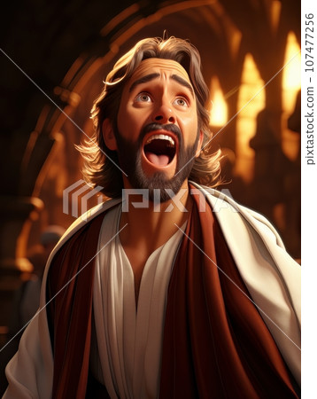 Cartoon Jesus Christ screaming, emotion of strong surprise or shock. AI 107477256