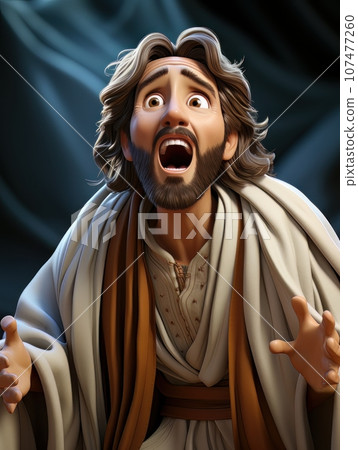 Cartoon Jesus Christ screaming, emotion of strong surprise or shock. AI 107477260