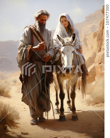 Christian nomads Mary and Joseph with horse in the desert. AI 107477300