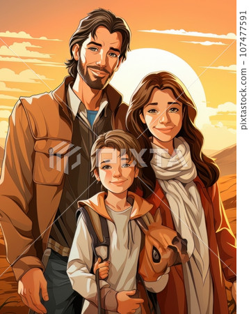 Cartoon family man with woman and child in the desert. AI 107477591