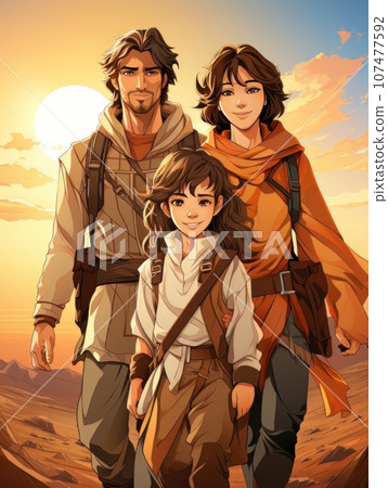 Cartoon family man with woman and child in the desert. AI Cartoon family man with woman and child in the desert. AI 107477592