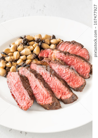 Steak rib eye with mushrooms 107477927