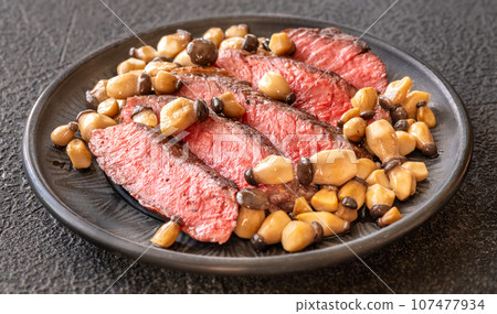 Steak rib eye with mushrooms 107477934