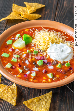Bowl of taco soup 107477943