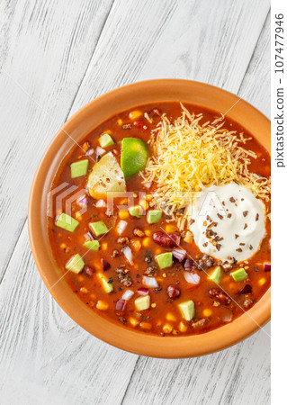 Bowl of taco soup 107477946