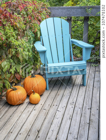 empty Adirondack chair with pumpkins on a wooden backyard deck, fall scenery in Colorado empty Adirondack chair with pumpkins on a wooden backyard deck, fall scenery in Colorado 107478102