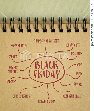 Black Friday, traditional shopping event during Thanksgiving weekend - infographics or mind map sketch in a spiral notebook 107478104