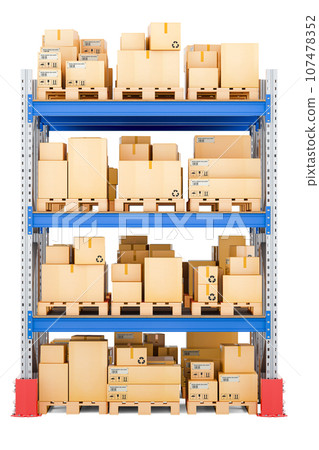 Pallet rack full of cardboard boxes and parcels, 3D rendering Pallet rack full of cardboard boxes and parcels, 3D rendering 107478352