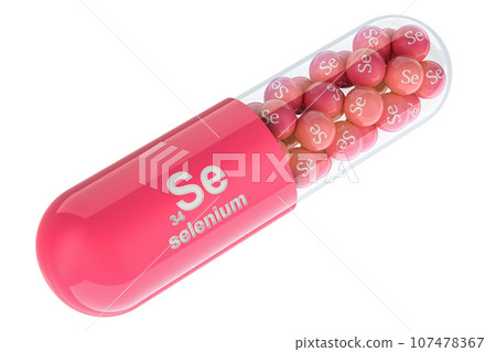 Vitamin capsule Se, selenium. 3D rendering 107478367