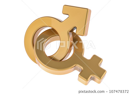 Gold female and male gender symbols, 3D rendering Gold female and male gender symbols, 3D rendering 107478372