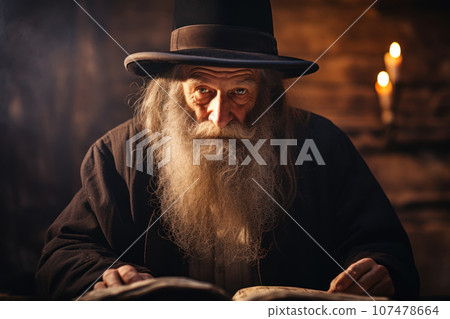 Portrait of Jewish Orthodox man, old Jew in black reading holy book 107478664
