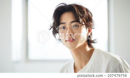 Portrait of a smiling adult man wearing glasses in a bright room 107479756