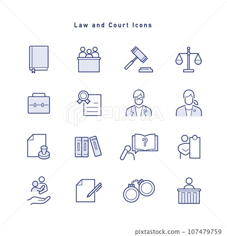 Set of icons related to law, lawyers, and trials 107479759
