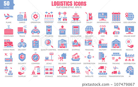 Logistics flat icons set. The collection includes of business developments,programing , web design,app design and more.	 107479867