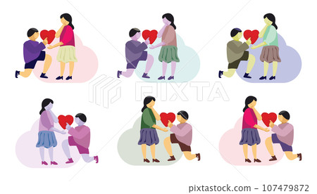 A happy Valentines Day. Men Make Proposals for Women by offering hearts and kneeling and loving. Human Relationships, Happiness Surprise Love Cartoon Flat Vector Illustrations A happy Valentines Day. Men Make Proposals for Women by offering hearts and kneeling and loving. Human Relationships, Happiness Surprise Love Cartoon Flat Vector Illustrations 107479872