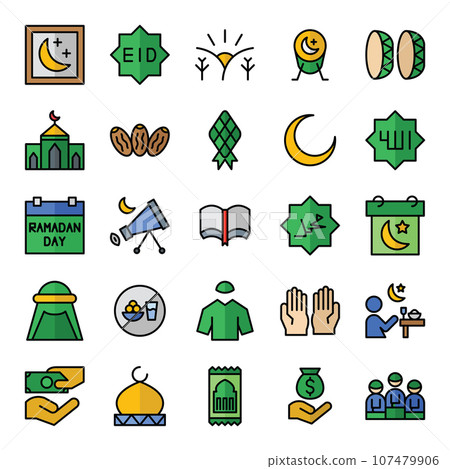 Ramadan filled outline icons set. The collection includes web design, application design, UI design, during Ramadan, Eid, and others. 107479906