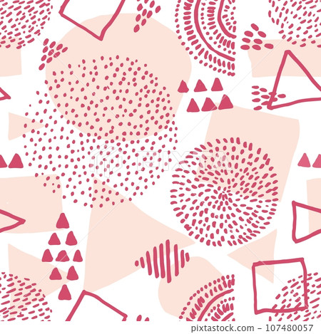 Viva Magenta retro vector abstract seamless pattern in geometric style. Vector form a triangle, a line, a circle. Hipster vector fashion Memphis style seamless pattern. Color of the year 2023. 107480057