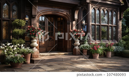 a mansion with a wooden door and flowers in front of it 107480093
